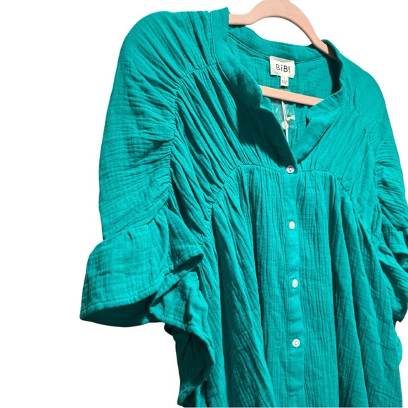 BiBi Kelly Green Button-Up Cotton Blouse NWT Size L - Picture 4 of 9